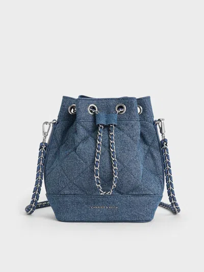 Charles & Keith Quilted Denim Two-way Bucket Bag In Denim Blue