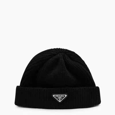 Prada Black Wool And Cashmere Cap With Logo