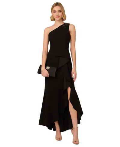 Adrianna Papell Petite Beaded Ruffled One-shoulder Gown In Black