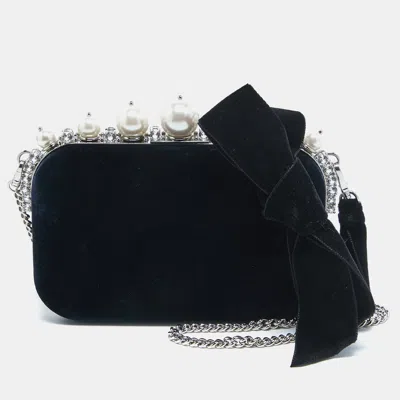 Miu Miu Navy Velvet Pearl And Crystal Embellished Box Chain Clutch In Black