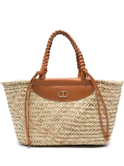 Twinset Logo-plaque Interwoven Tote Bag In Straw Brown