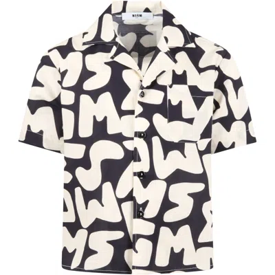 Msgm Kids' Black Shirt For Boy With Ivory Logo In Multicolor