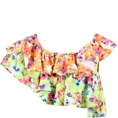 Msgm Kids' Multicolor Top For Girl With Floral Print In Orange