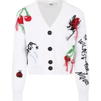 Msgm Kids' White Cardigan For Girl With Embroidery