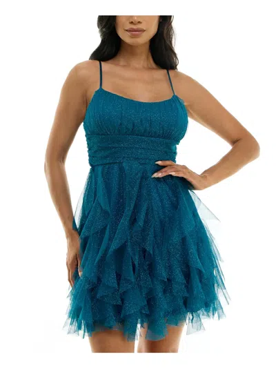 Pear Culture Juniors Womens Corkscrew Ruffles Gathered Cocktail And Party Dress In Blue