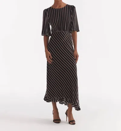 Saloni Vida Asymmetric Striped Velvet-jacquard Midi Dress In Black
