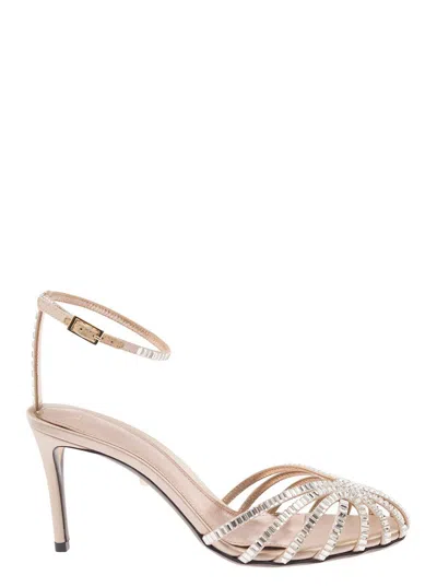 Alevì 'penelope' Beige Sandals With Rhinestone Embellishment And Stiletto Heel In Leather And Silk Woman In Grey