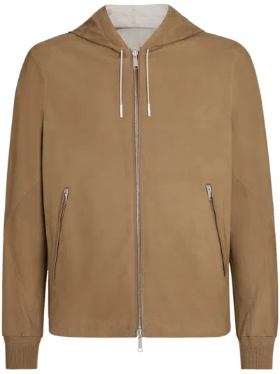 Zegna Hooded Zip-front Leather Jacket In Neutrals