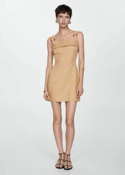 Mango Linen Dress With Buckle Straps Sand