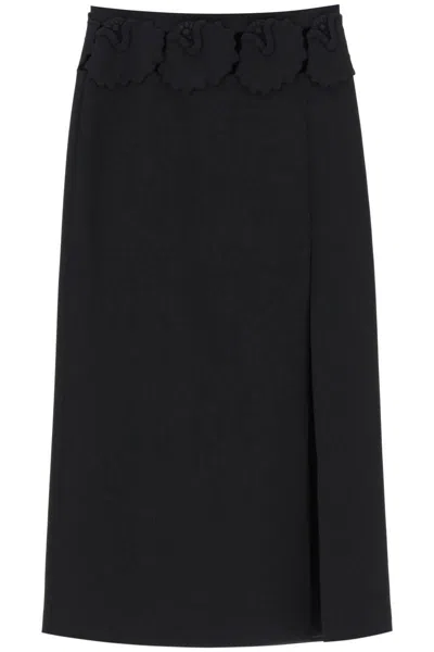 Valentino "mid-length Wool And Silk Skirt With Floral Appliqué In Nero