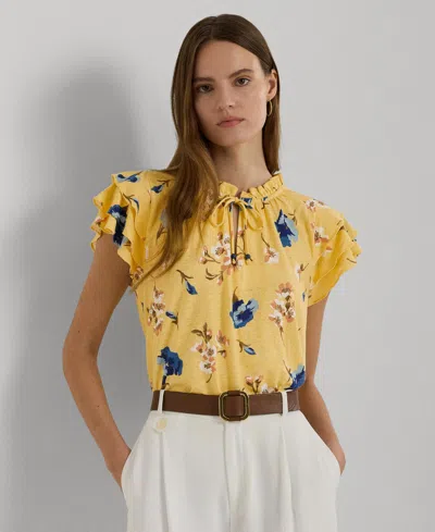 Lauren Ralph Lauren Floral Linen-blend Jersey Tie-neck Top In Yellow Multi