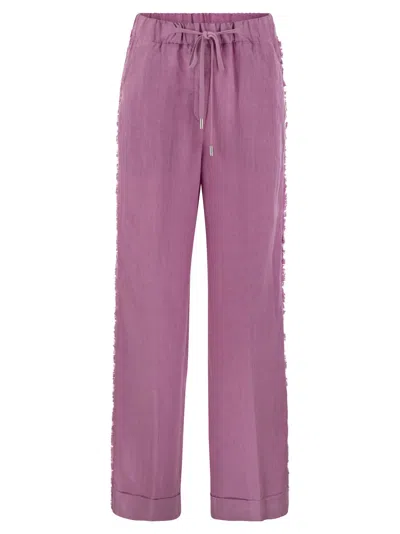 Peserico Linen Trousers With Side Fringes In Pink