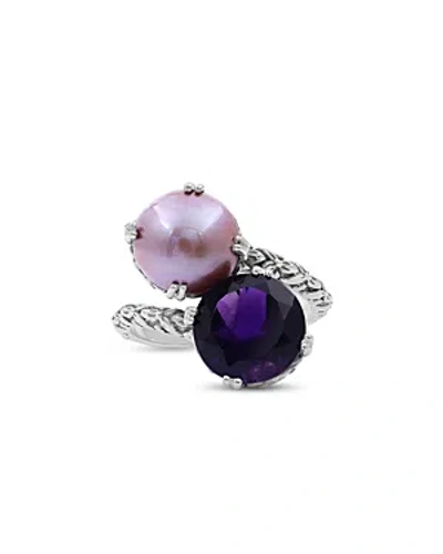 Stephen Dweck 11mm Round Sea Blue Mabe Pearl And 10mm Blue Topaz Bypass Ring In Purple/silver