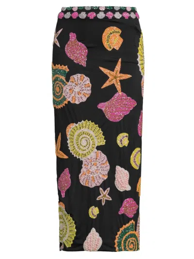 Oceanus Women's New York Seashell Hand-beaded Pencil Skirt In Black Multi
