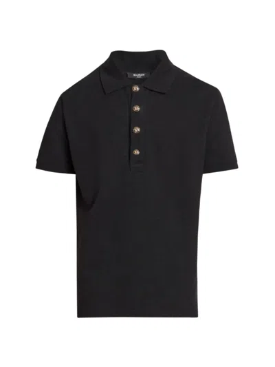 Balmain Men's Jacquard Logo Stretch-cotton Polo Shirt In Black