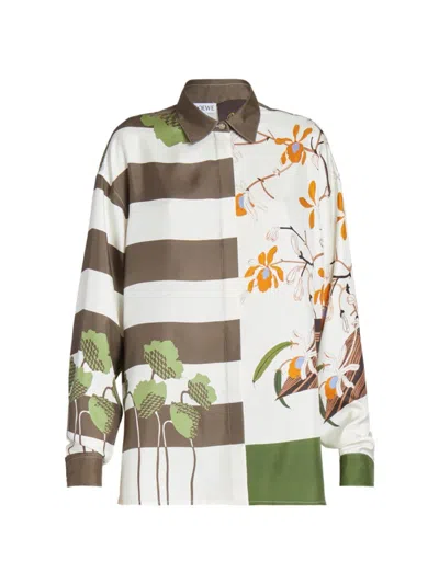 Loewe Printed Silk Shirt In Off White Khaki Green Multi