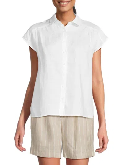 Saks Fifth Avenue Women's Spread Collar 100% Linen Shirt In White