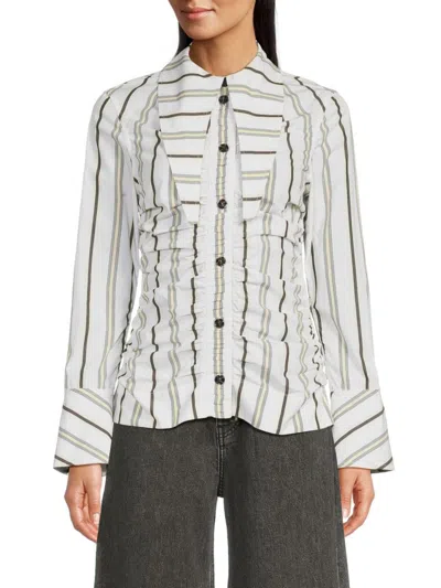 Ganni Ruched Striped Cotton-poplin Shirt In Mix Stripe