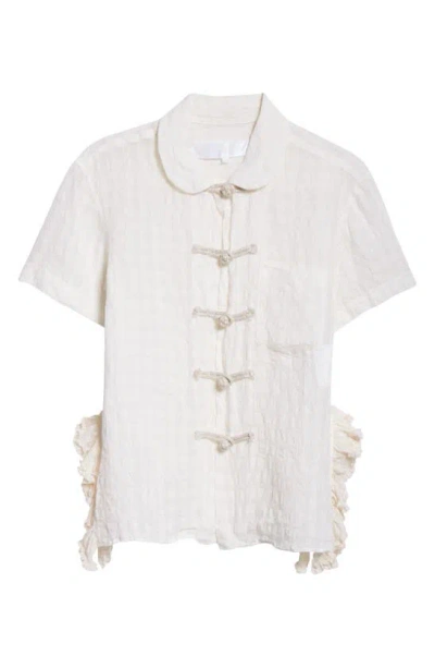 Tao Comme Des Garçons Bow Detail Linen & Cupro Short Sleeve Button-up Shirt In White X Natural