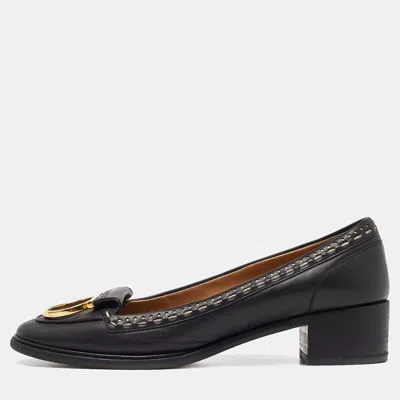 Pre-owned Ferragamo Black Leather Fele Gancio Detail Loafer Pumps Size 38