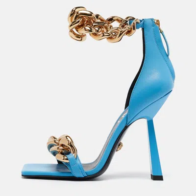 Pre-owned Versace Blue Leather Ankle Strap Sandals Size 35