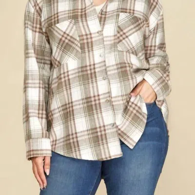 She + Sky Long Sleeve Woven Flannel Top In Sage In Brown