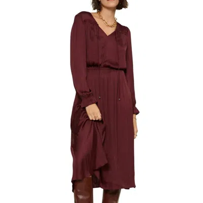Current Air Satin Vneck Long Sleeve Dress In Burgundy In Red