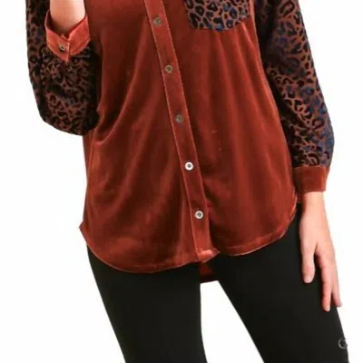 Umgee Velvet Collar Button Down Shirt In Copper In Red
