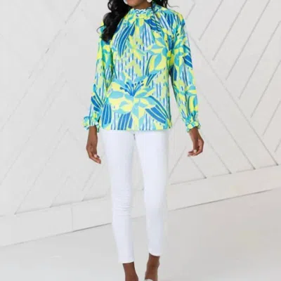 Sail To Sable Ruffle Neck Long Sleeve Top In Palms Of Paradise In Blue