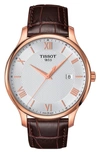 TISSOT TRADITION LEATHER STRAP WATCH, 42MM,T0636103603800