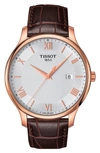 Tissot Men's Swiss Tradition Brown Leather Strap Watch 42mm In Brown/ Silver/ Rose Gold