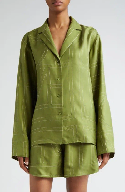 Totême Monogram Embroidered Silk Button-up Shirt In Green