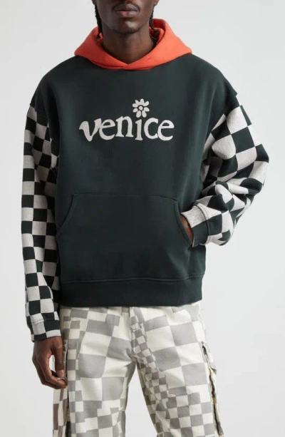 Erl Venice Checked Sleeve Hooded Sweatshirt In Black