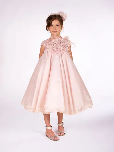 Marchesa Kids' Flower Embellished Tulle Midi Gown In Pink