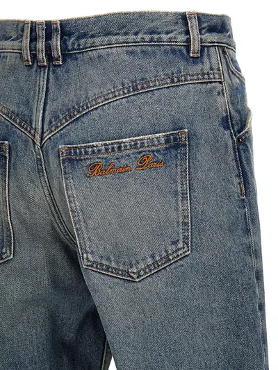 Balmain Logo Embroidery Denim Jeans In Blue