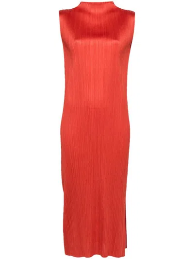 Issey Miyake Pleats Please  Pleated Tube Long Dress In Red