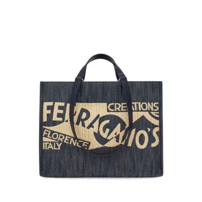 Ferragamo Salvatore  Logo Detailed Medium Tote Bags In Blue/neutrals