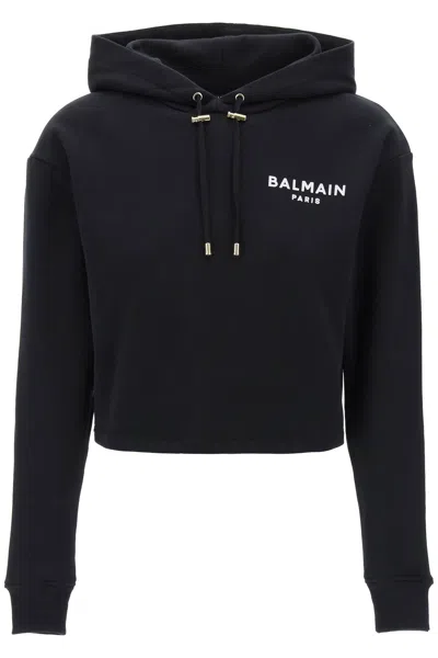 Balmain Cropped Hoodie With Flocked Logo In Multicolor