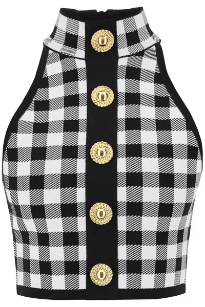 Balmain Gingham Knit Cropped Top With Embossed Buttons Women In Multicolor