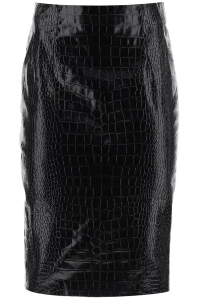 Versace Croco-effect Leather Pencil Skirt Women In Black