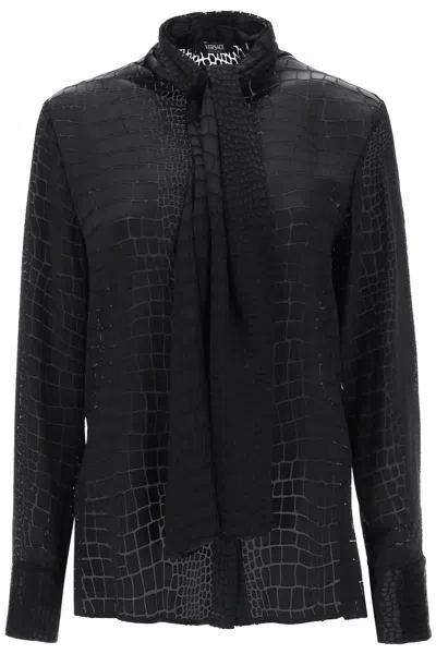 Versace Crocodile Effect Tie-neck Shirt Women In Black