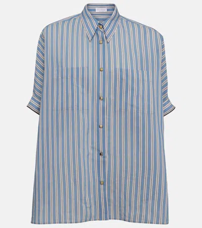 Brunello Cucinelli Oversized Striped Cotton And Silk Shirt In Blau