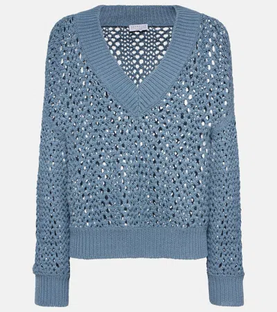 Brunello Cucinelli Open-knit Cotton-blend Sweater In Blau