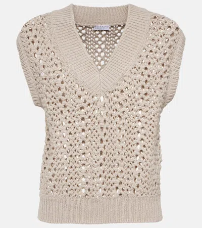 Brunello Cucinelli Open-knit Cotton-blend Sweater Vest In Neutral