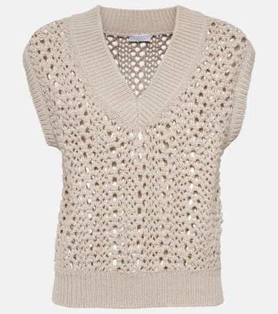 Brunello Cucinelli Open-knit Cotton-blend Sweater Vest In Light Grey