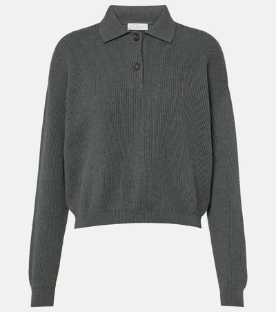 Brunello Cucinelli Cotton Polo Sweater In Gray
