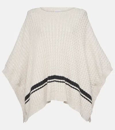 Brunello Cucinelli Sequined Cable-knit Cotton-blend Poncho In White