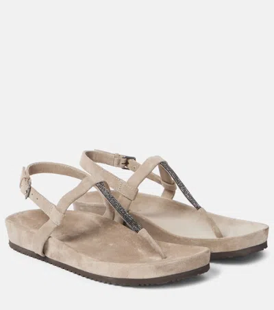 Brunello Cucinelli Embellished Suede Thong Sandals In Neutral