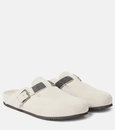 Brunello Cucinelli Embellished Suede Mules In White