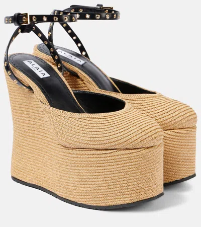Alaïa Leather-trimmed Raffia Wedge Sandals In Neutral